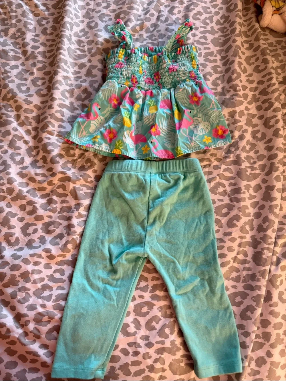 Gymboree Turquoise Pink Yellow Smocked Shirt with Floral Trim w/ matching pants